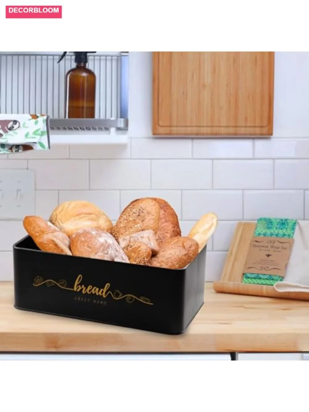 Bread Box with Bamboo Cutting Board Lid, Metal Kitchen Counter Storage